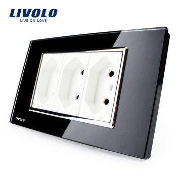 Livolo 3 Pinos Brasileiro / Italiano Soquete Padrão De Vidro Temperado Preto 10A AC 250 V Powerpoints De Parede VL-C3C3BIT-82